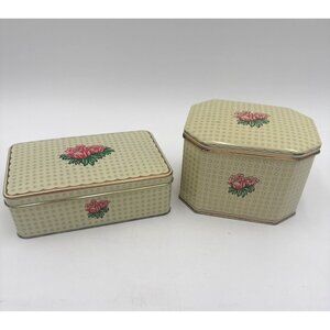Vtg Two Daher Tin Box Floral Rose Design England Cream/Gold Accents